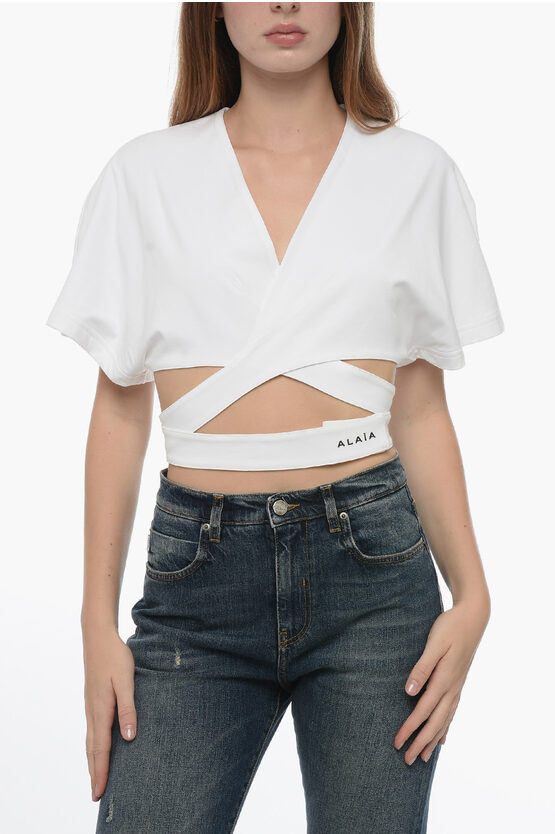 Shop Alaïa Crossed Crop Top With Logoed Velcro Closure