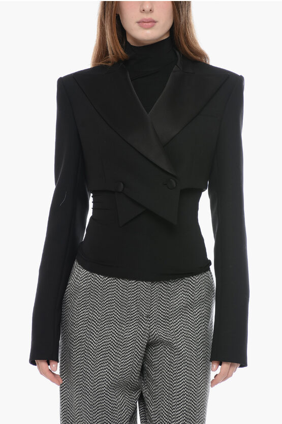 LAQUAN SMITH CROSSED CROPPED BLAZER WITH SATIN LAPEL 