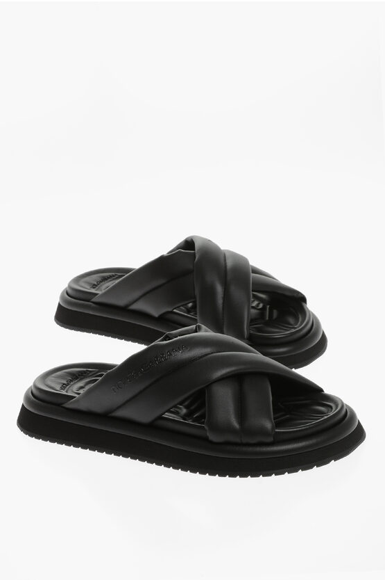 Dolce & Gabbana Crossed Slippers With Logo Print In Black