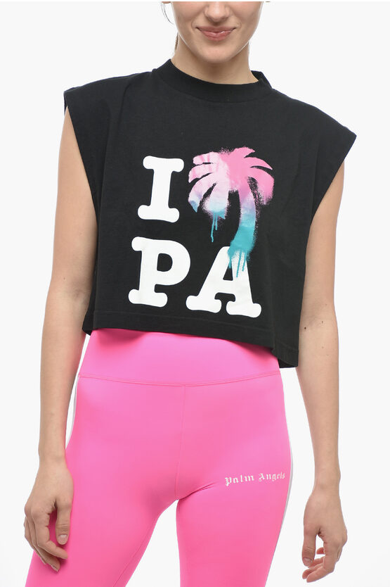 Palm Angels Crpped Printed I Love Pa Muscle Tee In Black