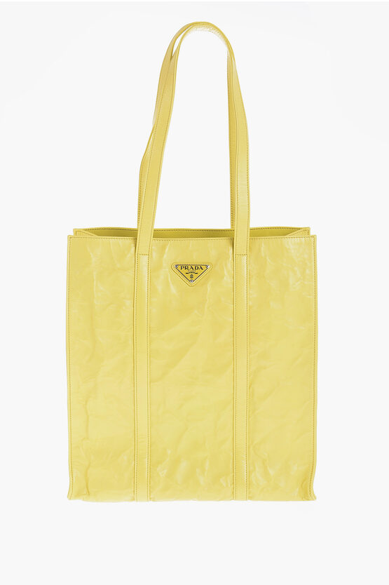 Prada Crumpled Leather Effect Antique Tote Bag In Yellow