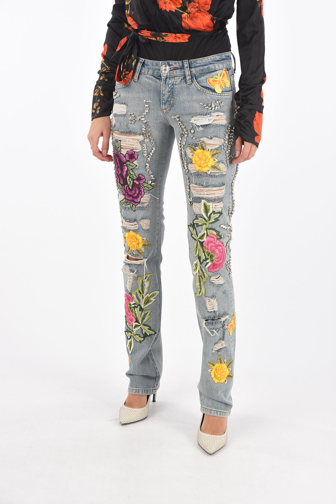 Philipp Plein crystal all over distressed FABULOUS straight jeans women - Glamood Outlet