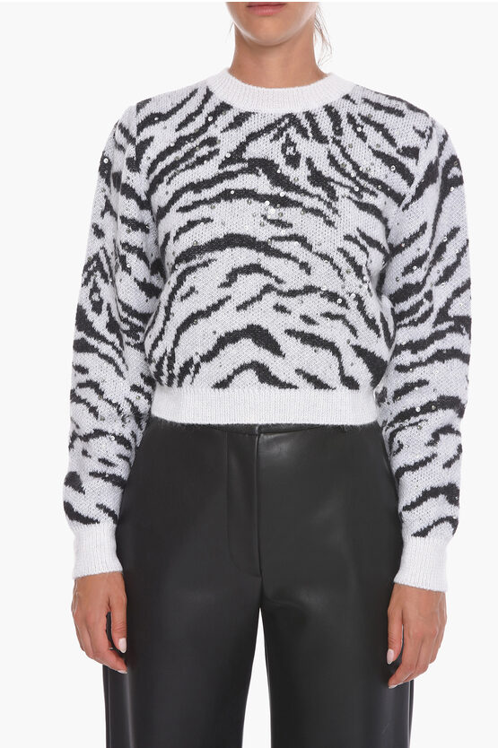 Alessandra Rich Crystal-embellished Mohair Crewneck Sweater In Zebra Print In Multi