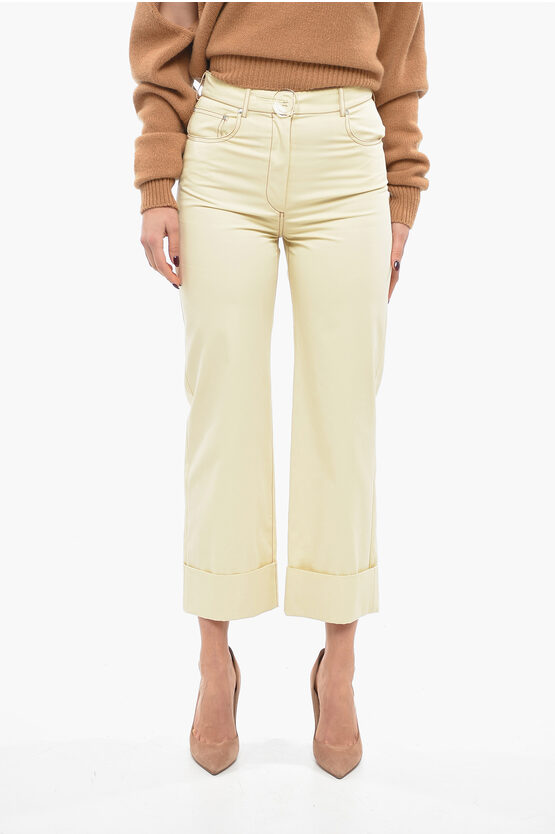 Stella Mccartney Cuffed Cotton Trousers With Visible Stitchings In Yellow