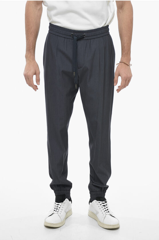 Dolce & Gabbana Cuffed Wool Blend Pants With Elastic Waistband In Blue