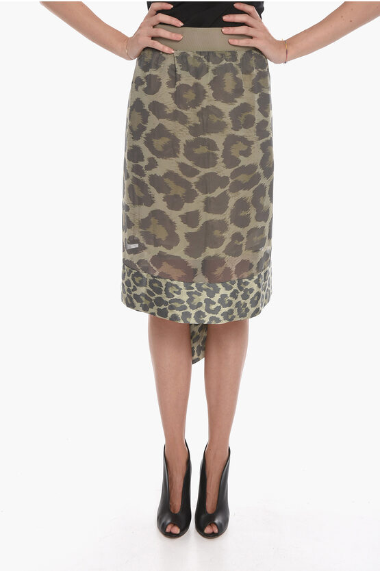 Sacai Cupro Asymmetric Skirt With Leopard Pattern In Green