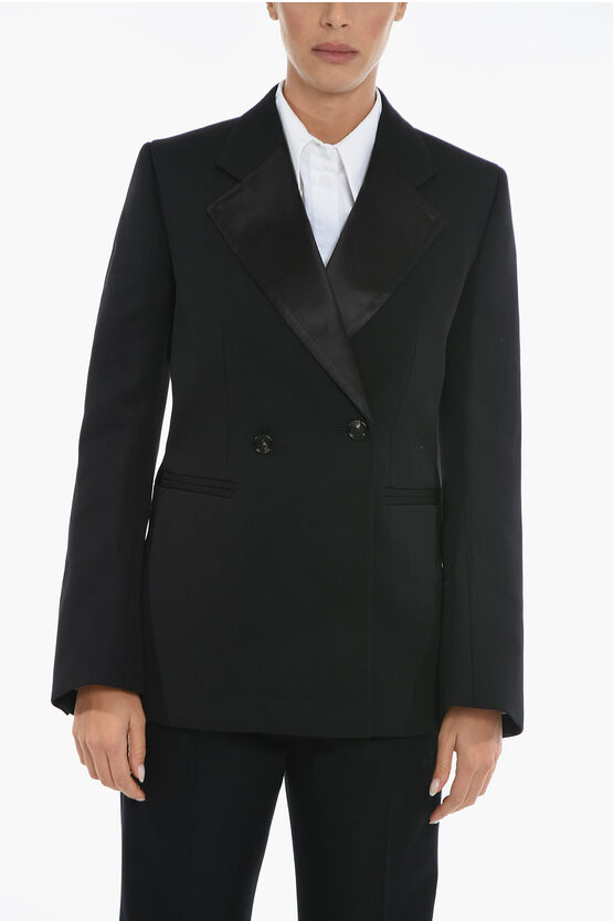 Bottega Veneta Curved Sleeve Wool Blazer With Satin Details In Black