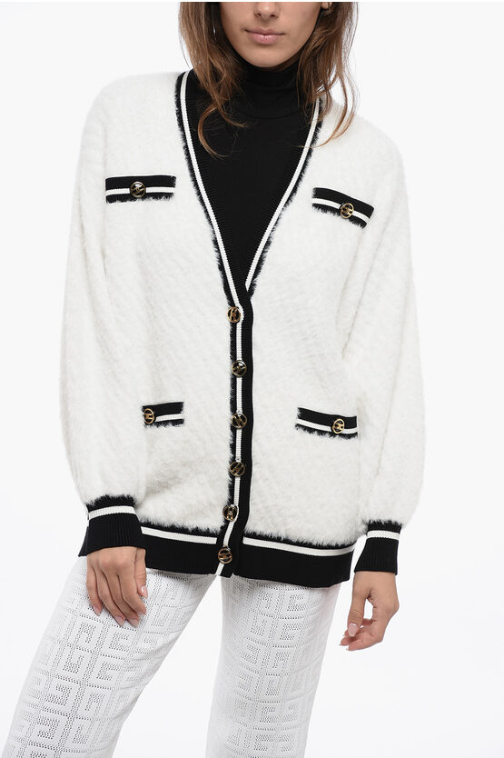 Elisabetta Franchi Daily Eyelash Wool Blend Cardigan With Contrasting Hems