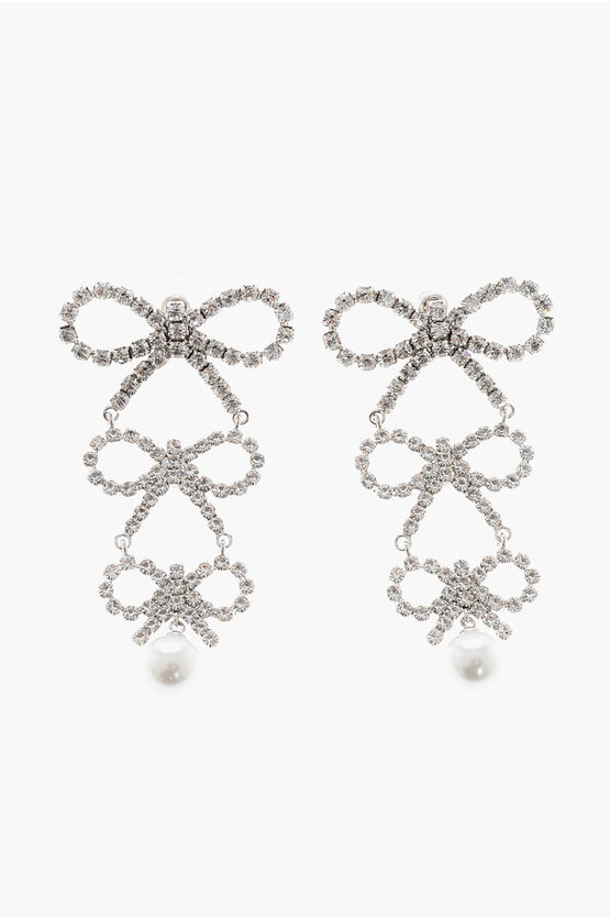 Self-portrait Dangling Rhinestone Earrings With A Triple Bow Design In Silver