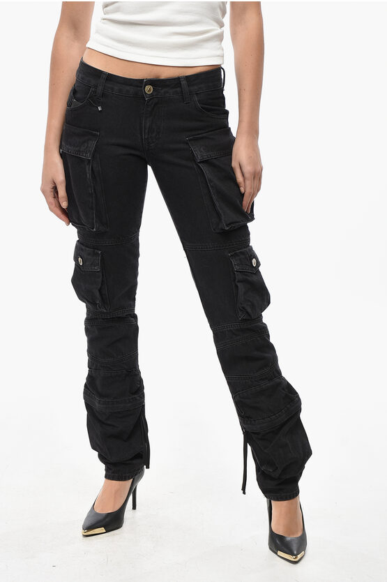 Attico Dark Wash Cargo Jeans With Logoed Buttons 15cm In Black