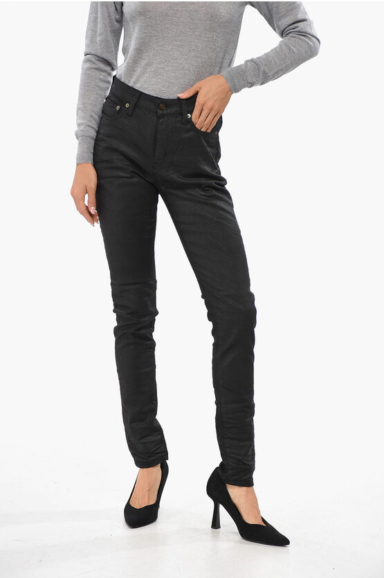 Saint Laurent Dark Wash Coated Cotton Jeans 14cm In Black