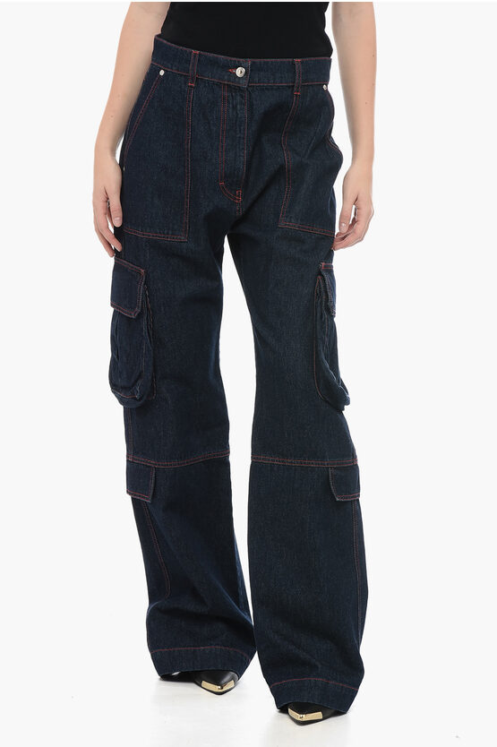 Shop Msgm Dark-washed Cargo Denims With Visible Stitching