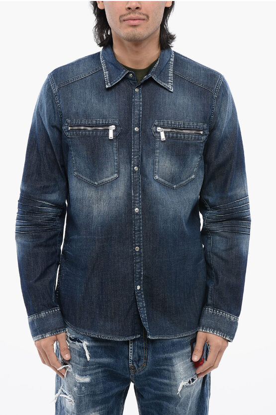 Dsquared2 Dark Washed Denim Shirt With Biker Details
