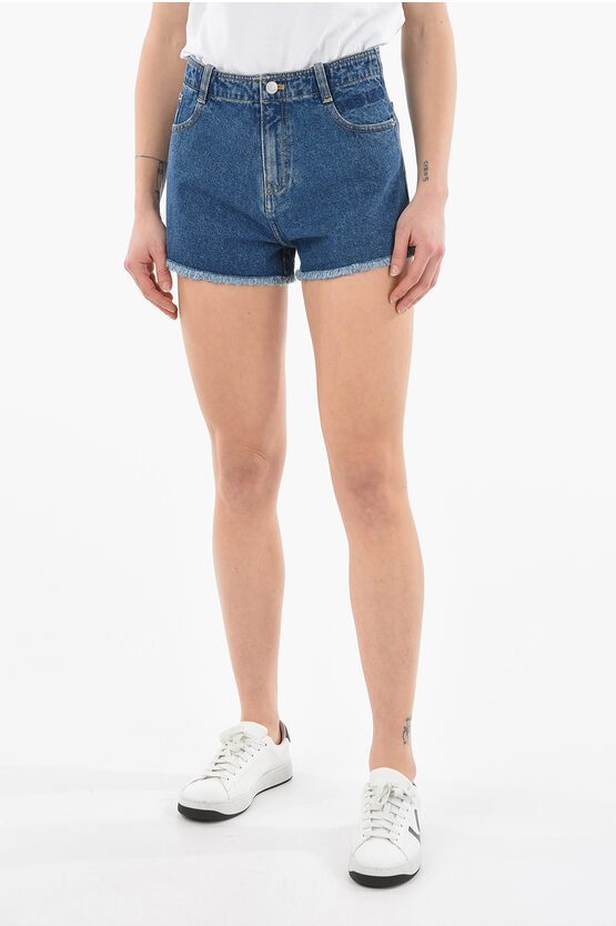 Kenzo Dark-washed Denim Shorts With Fringed Hems And Lettering Log In Blue