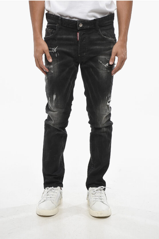 Dsquared2 Dark Washed Vintage Effect Skater Jeans With Silver Tone Mon In Blue