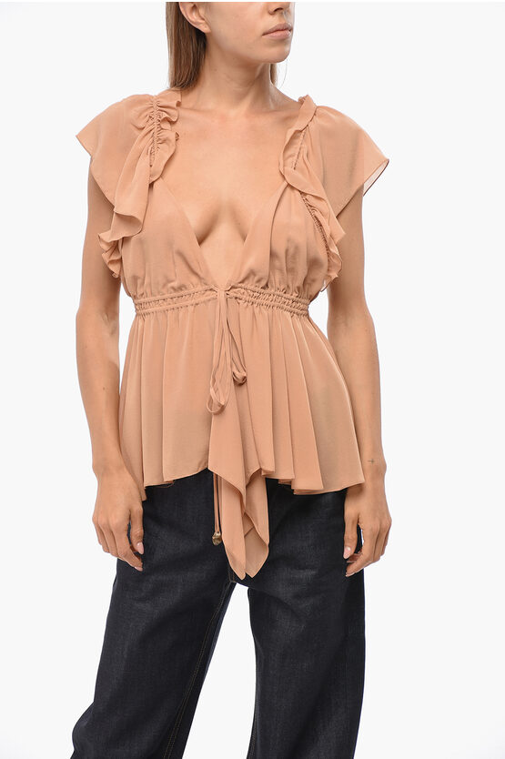 Chloé Deep Neckline Silk Frill Top In Orange