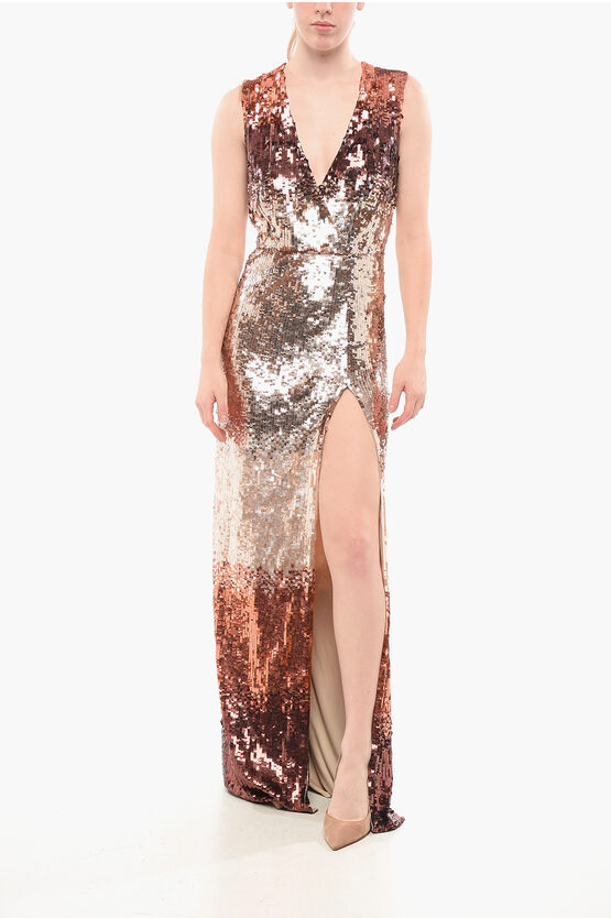Elisabetta Franchi Degradè Design Sequined Maxidress In Brown