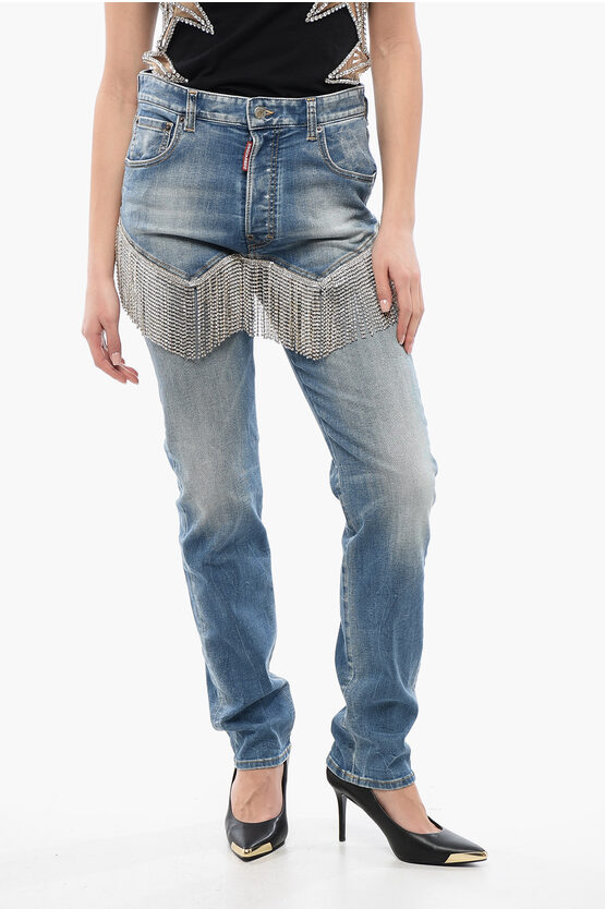 Dsquared2 Delavè 642 Denims With Rhinestoned Fringes 16cm In Blue