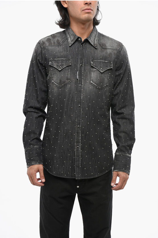 Dsquared2 Delavè Denim Saharan Shirt With Micro Studs In Gray