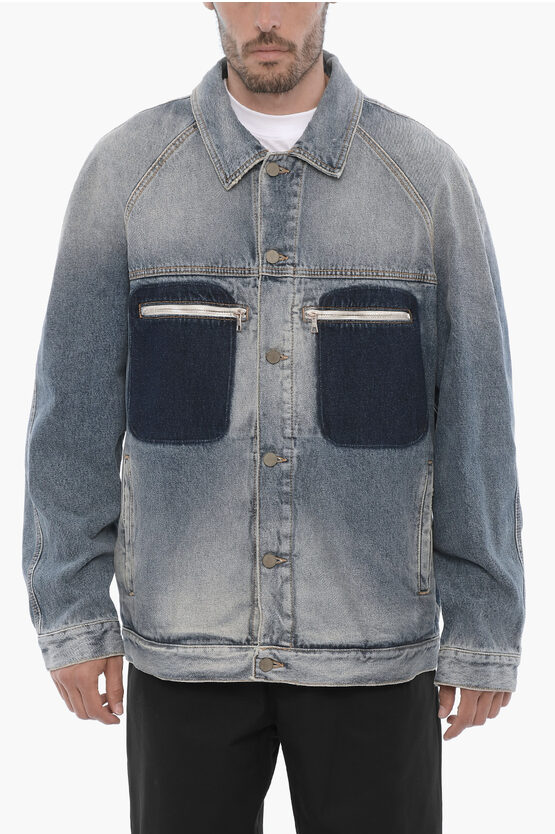 Palm Angels Delavè Effect Denim Jacket With Double Breast Pocket In Blue