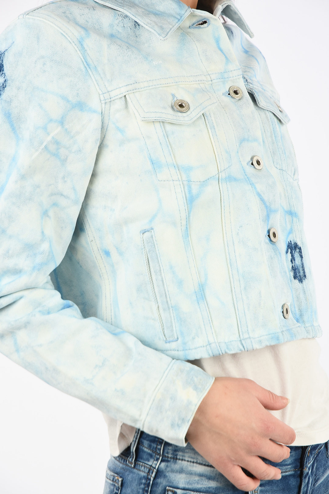 Forbipasserende Lada høj Off-White Denim Acid Washed WATER Crop Jacket women - Glamood Outlet