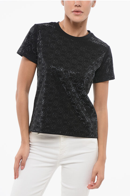 Pinko Denim All-over Rhinestone Cotton Quentin Crew-neck T-shirt