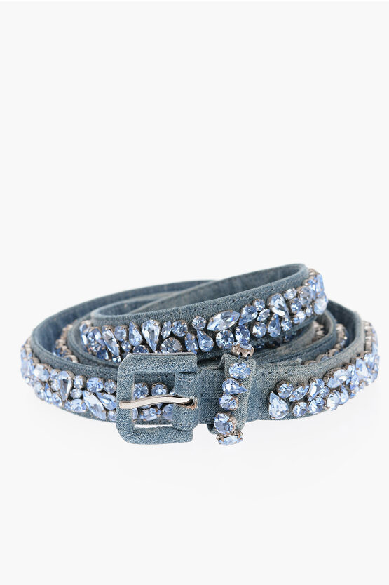 Ermanno Scervino Denim Belt With All-over Jewels 25mm In Blue