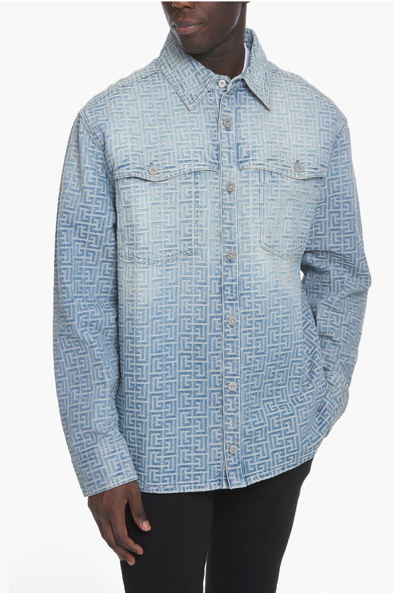 BALMAIN DENIM BIKER JACKET WITH EMBOSSED LOGO PATTERN