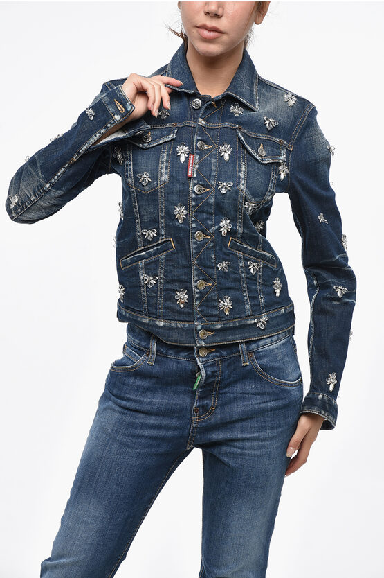 Dsquared2 Denim Boyfriend Jean Jacket With Crystals In Blue