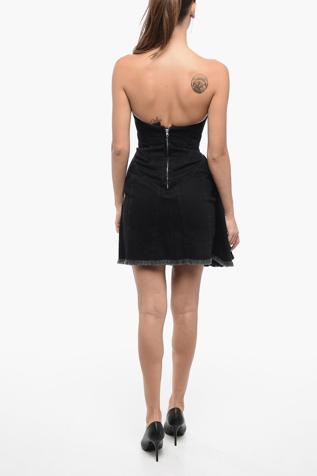 【Alexander McQueen】★fringe detail strapless minidress Alexander McQueen Denim Bustier Dress with Fringed Hem women