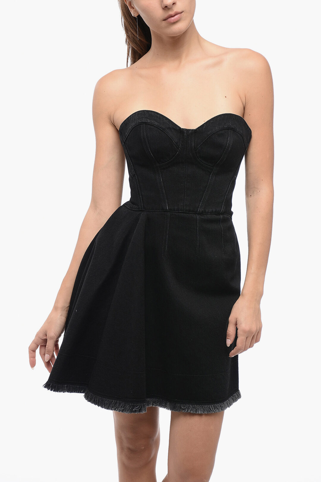 【Alexander McQueen】★fringe detail strapless minidress Alexander McQueen Denim Bustier Dress with Fringed Hem women