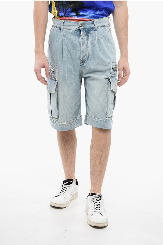 Balmain Denim Cargo Shorts With Belt Loops In Blue