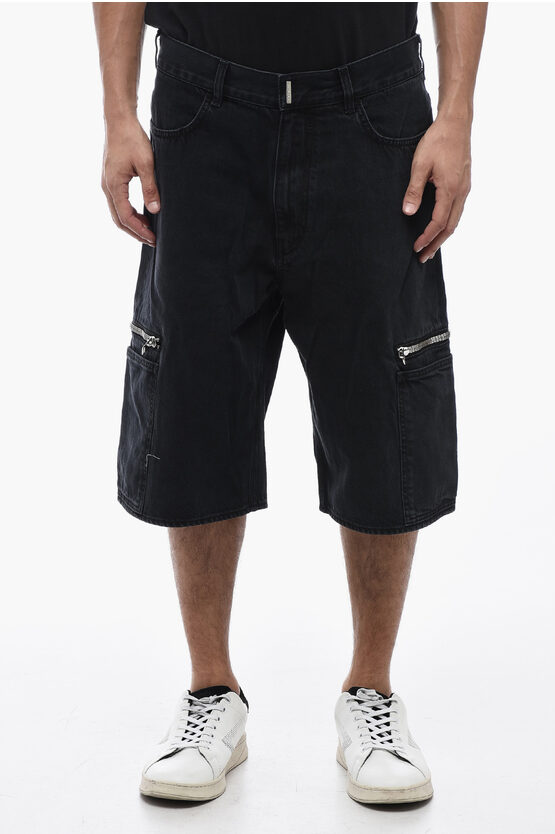 Shop Givenchy Denim Cargo Shorts With Logoed Zips