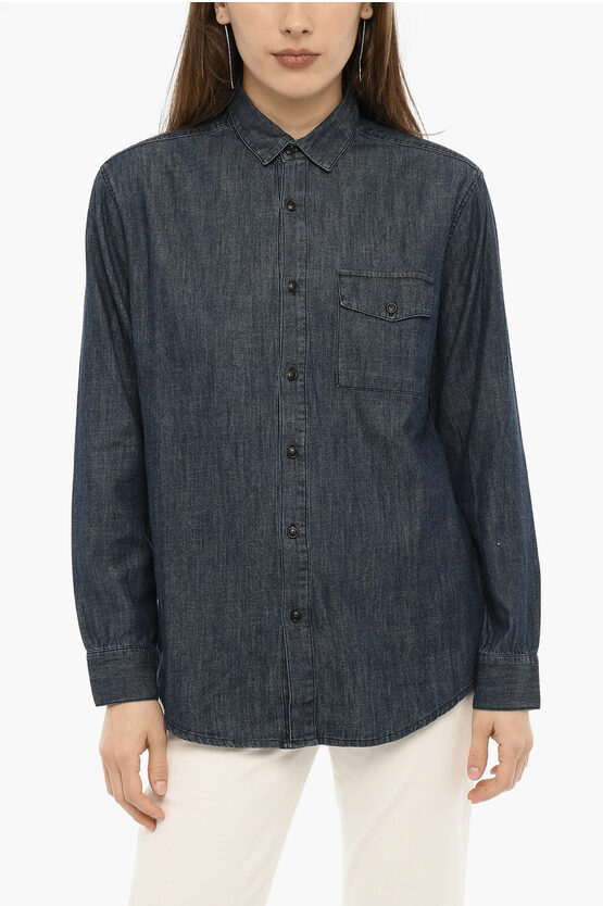 Woolrich Denim Chambray Overshirt With Breast Pocket In Blue