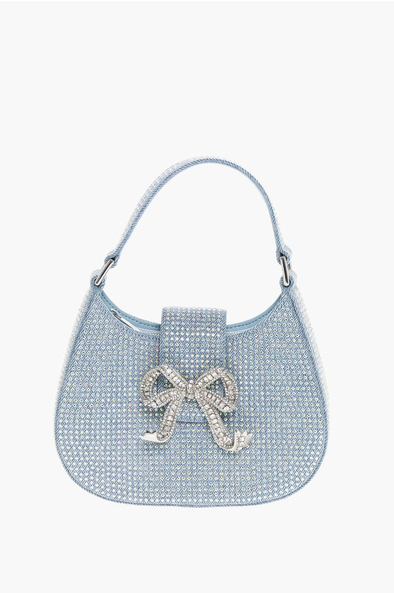 Self-portrait Denim Crescent Handbag With Decorative Bow And Rhinestones In Blue