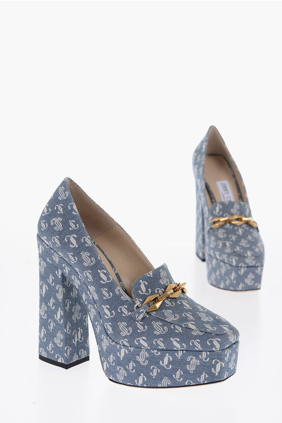 Jimmy Choo Denim Diamond Tilda Pumps With All-over Monogram And Golden In Blue