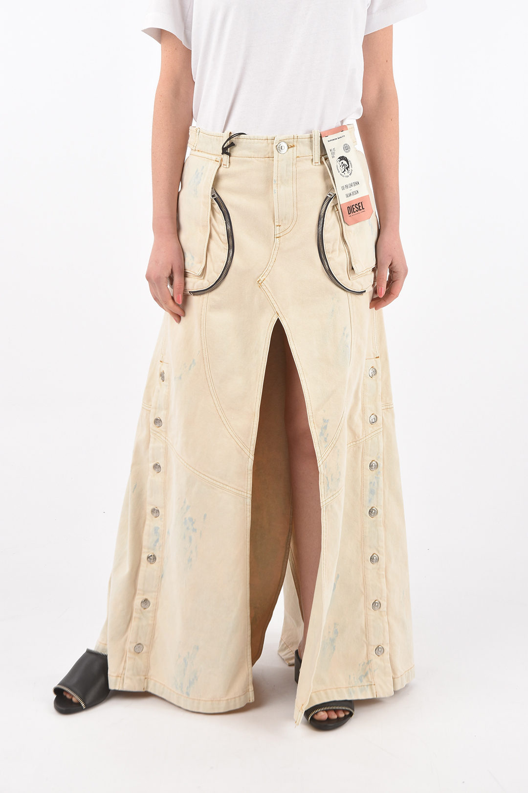 Diesel denim Front Split DE-PEN-SP1 maxi skirt with silver buttons women -  Glamood Outlet
