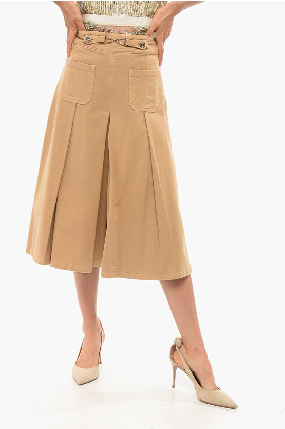 Elisabetta Franchi Denim Gaucho Shorts With Front Pleats In Brown