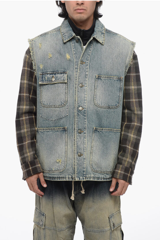 Shop Gucci Denim Jacket With Checkered Wool Sleeves