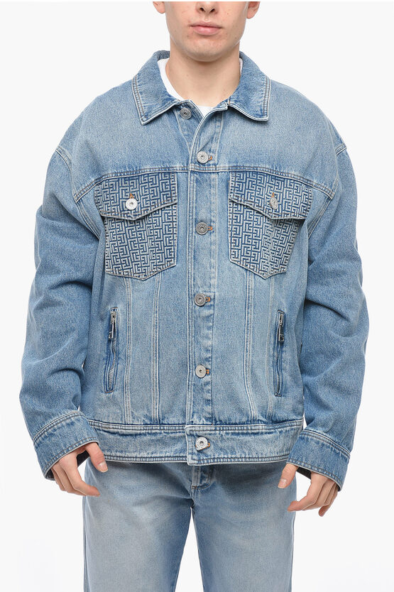 Shop Balmain Denim Jacket With Embroidered Pockets