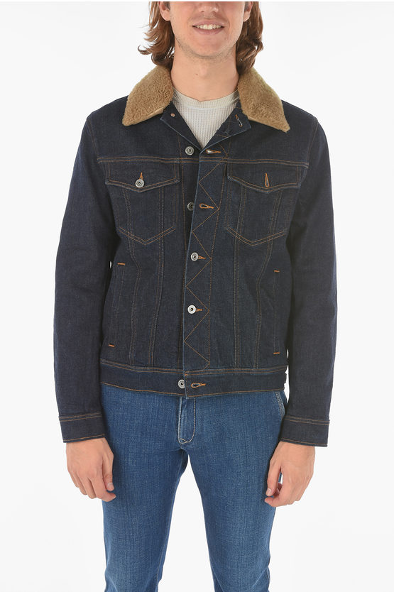 Shop Woolrich Denim Jacket With Shearling Detail