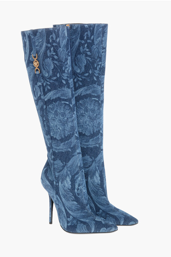 VERSACE DENIM LA GRECA UNDER THE KNEE BOOTS WITH STILETTO HEEL 11CM 