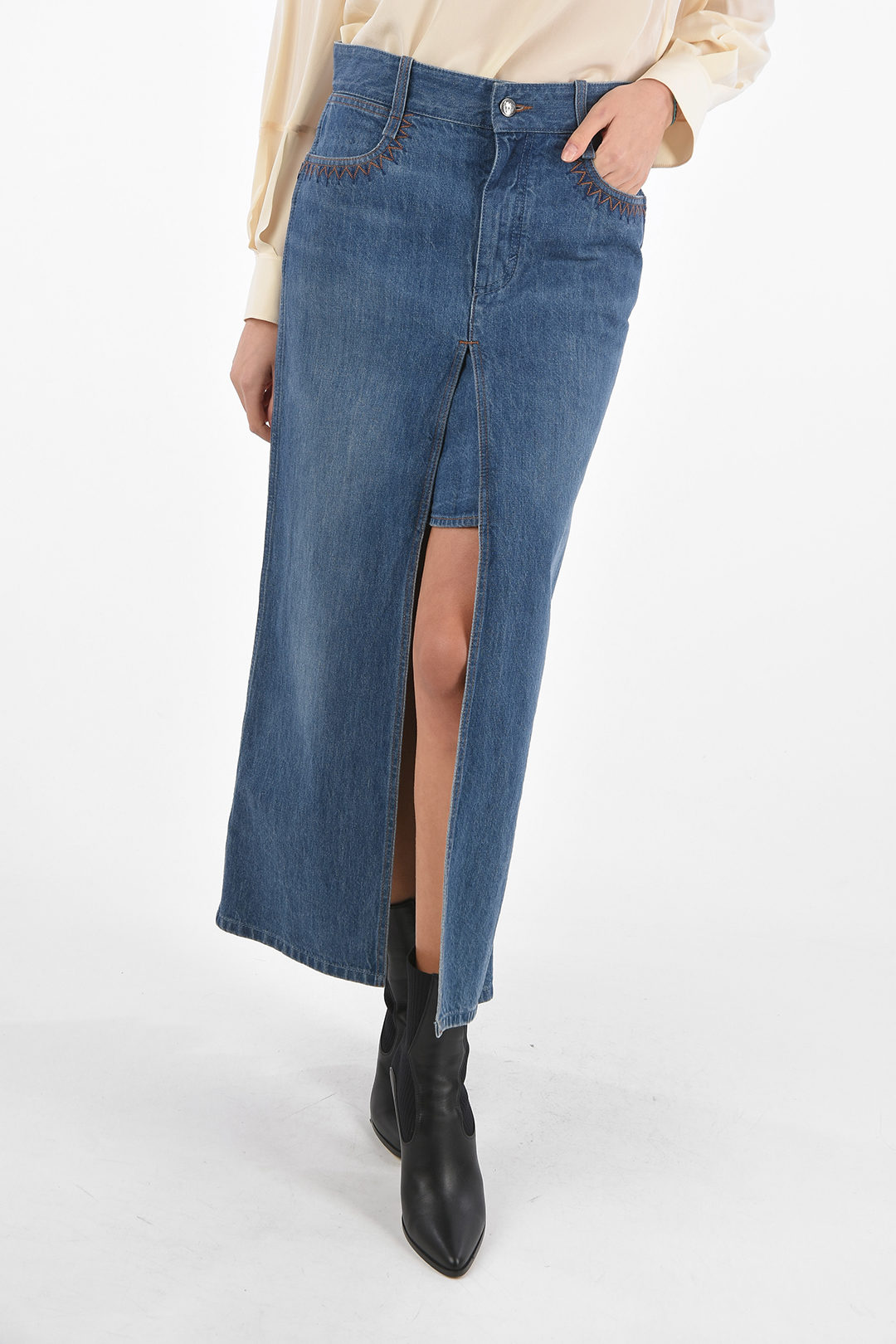 Denim Long Skirt with Front Split and Embroideried Details