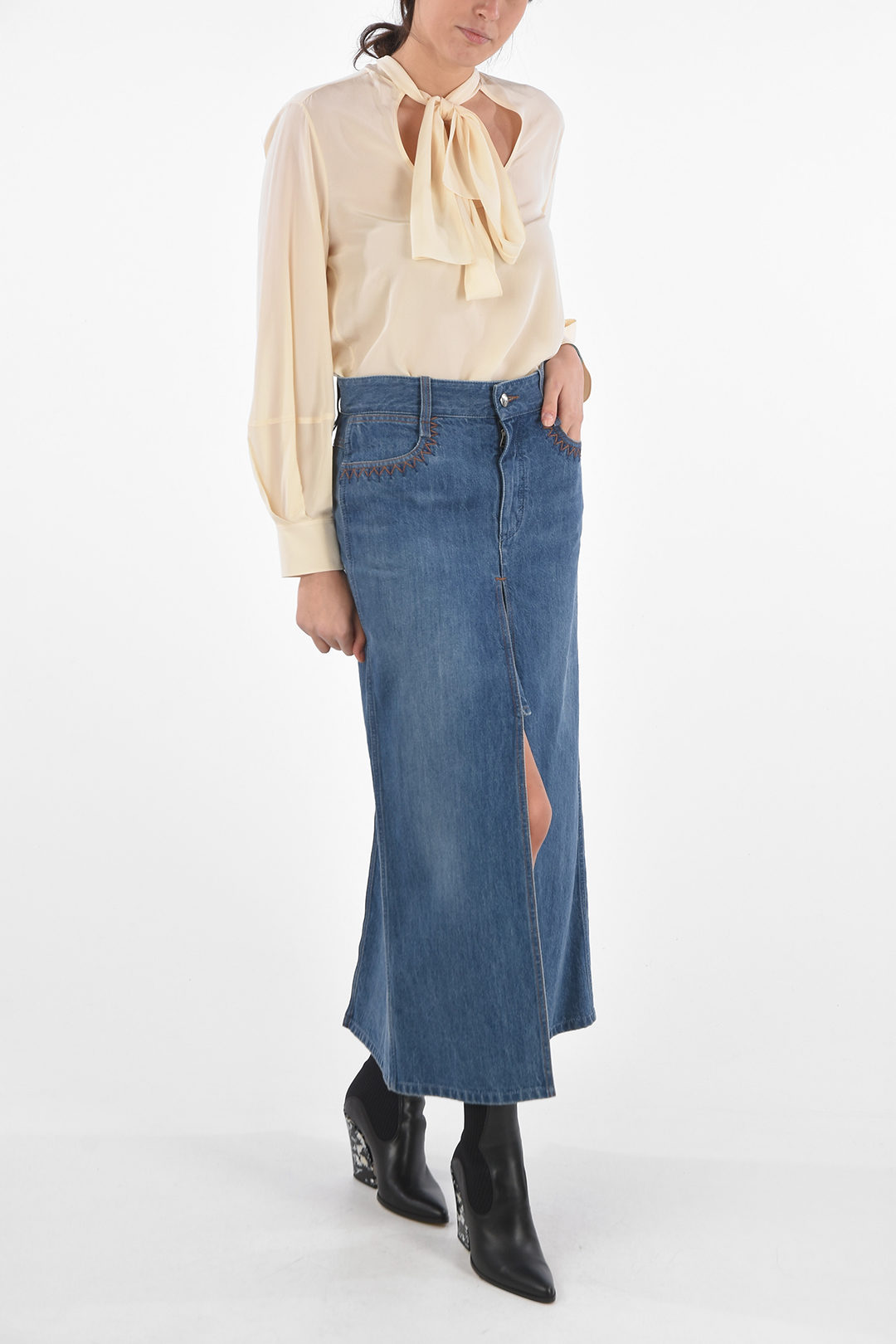 Denim Long Skirt with Front Split and Embroideried Details