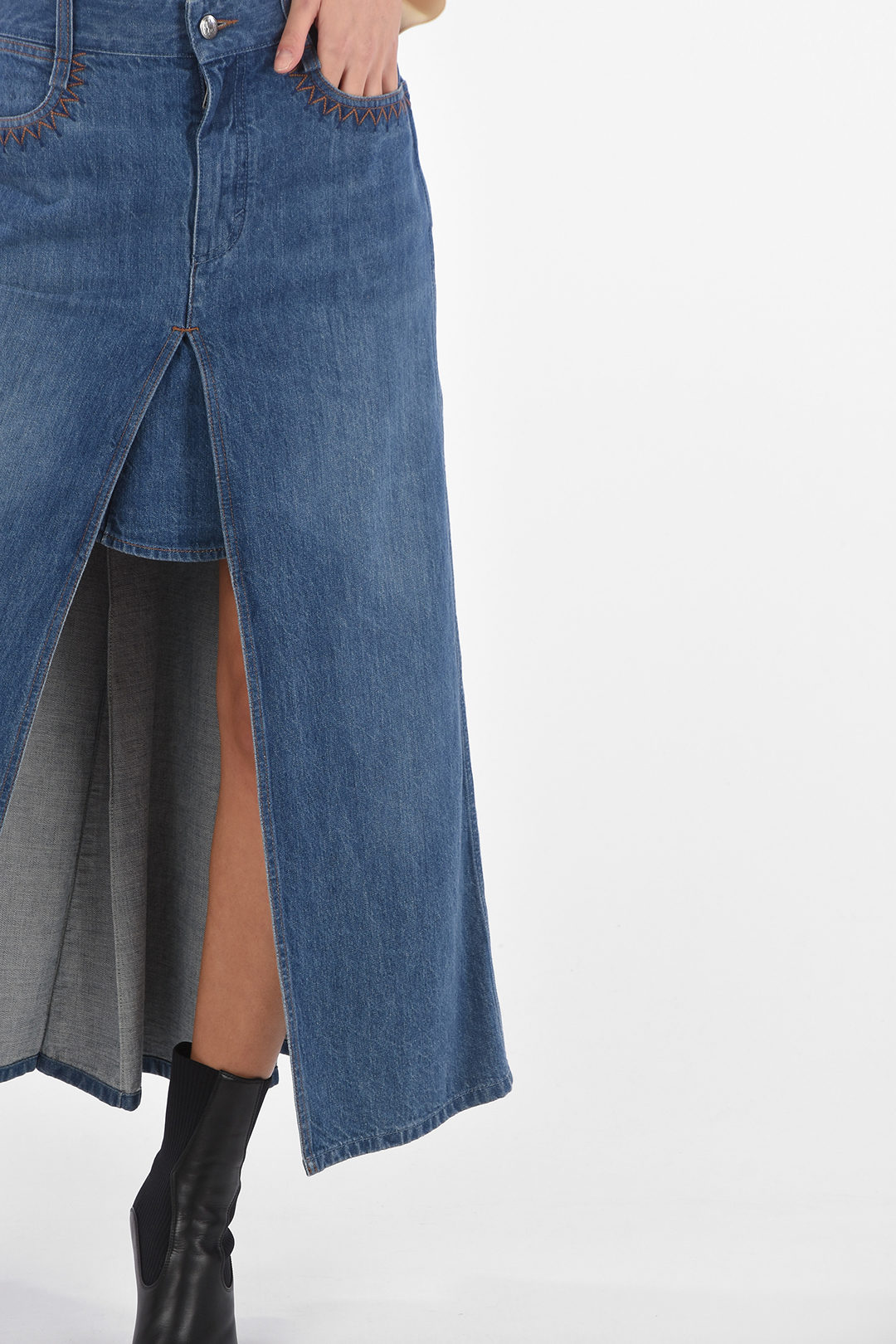Chloe Denim Long Skirt with Front Split and Embroideried