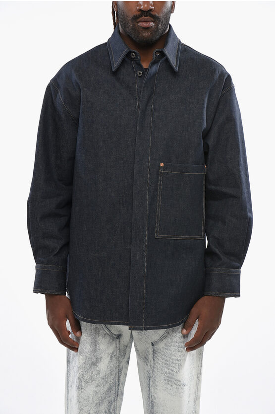 Valentino Denim Overshirt With Hidden Buttoning And Leather Logo Patch In Blue