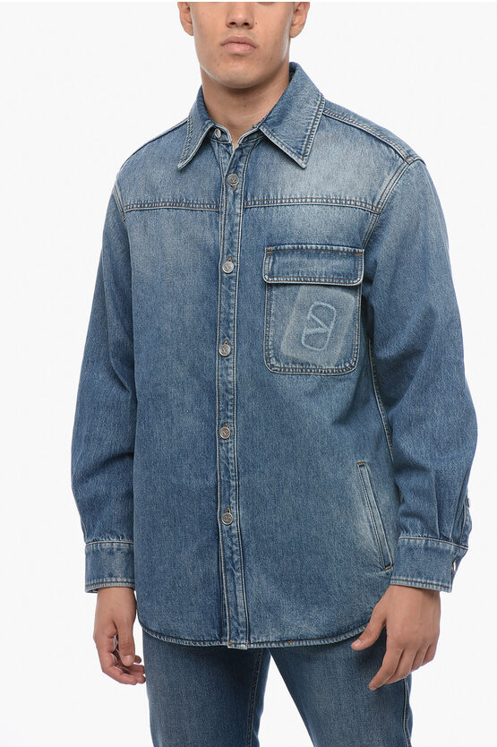 Shop Valentino Denim Overshirt With Logoed Breast-pocket