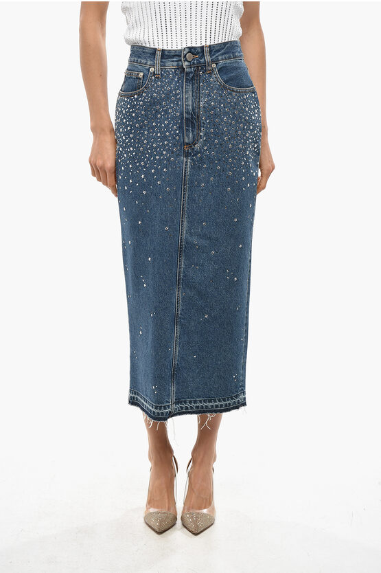 Alessandra Rich Denim Pencil Dress With Rhinestones