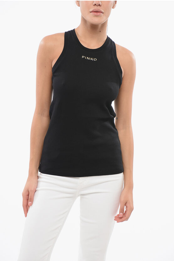 Shop Pinko Denim Ribbed Tank Top With Golden Logo