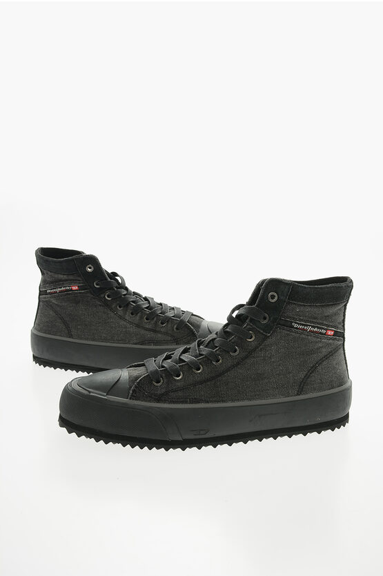 Diesel Denim S-principia High-top Sneakers With Leather Trimmings In Black